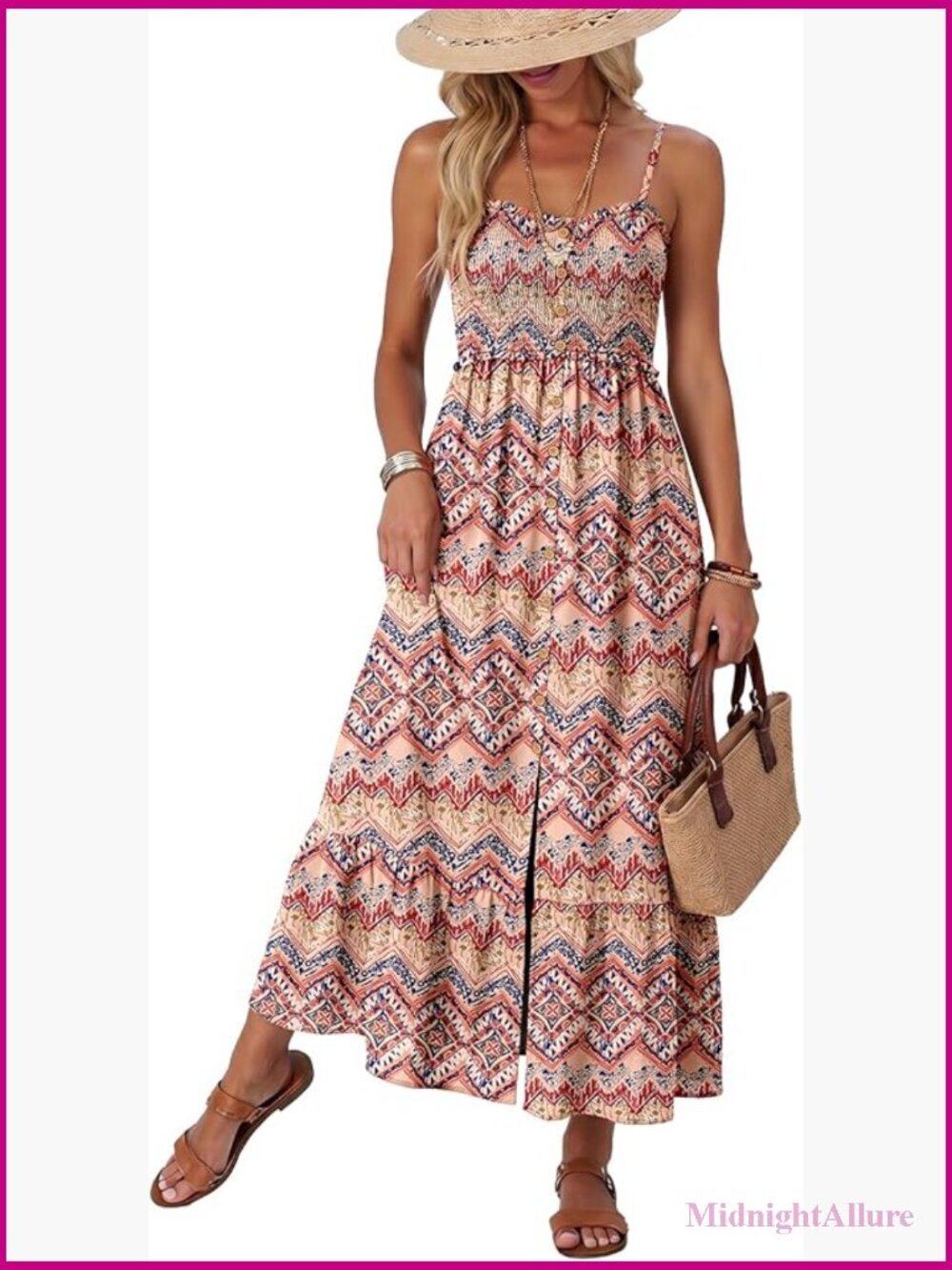Sleeveless Spaghetti Strap Smocked Button Down Maxi Dress with Pockets